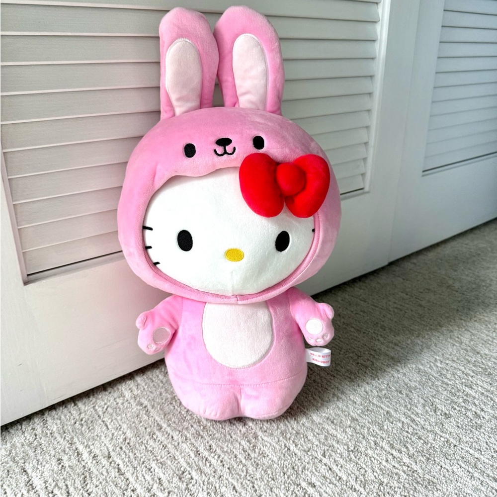 Hello Kitty Plush in Pink Bunny Outfit with Red Bow